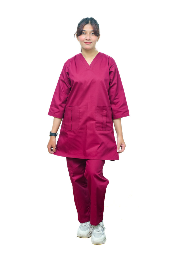 Maroon Women's Medical Scrubs (Large) – Comfortable and professional maroon scrubs designed for long-lasting use in healthcare environments.